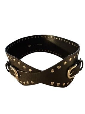 Zara NWT black leather wide belt with  silver  studs